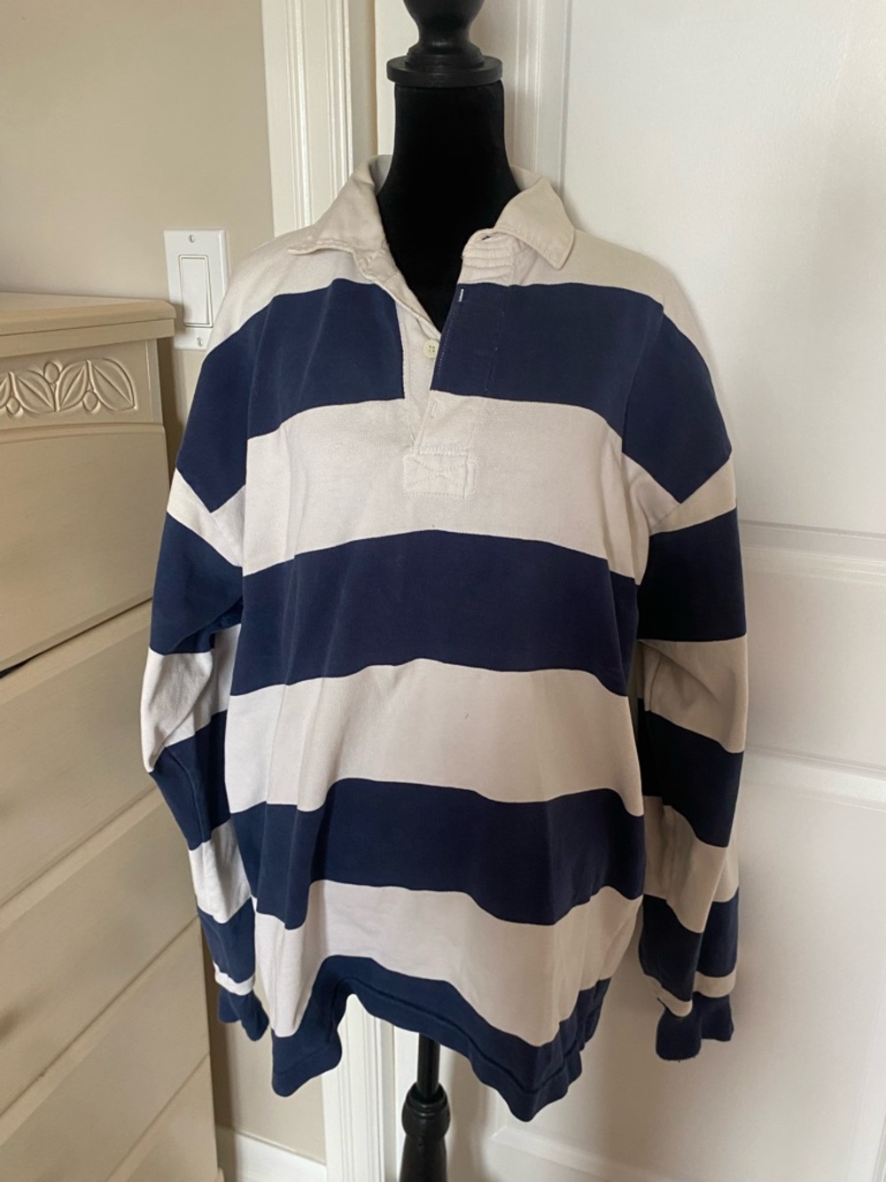 VINTAGE 80s/90s Men's Wide-Stripe Rugby Shirt | Navy and Cream | Size XXL